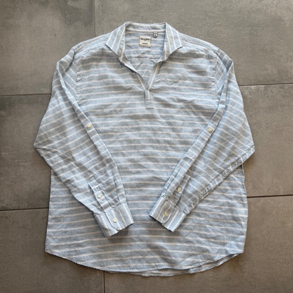 Murano Baird McNutt Linen Tunic Shirt XL Blue White Striped Long Sleeve Pullover